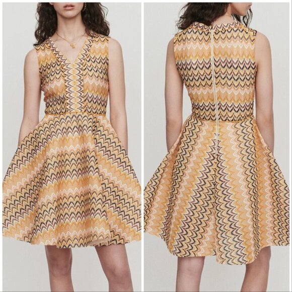 Maje Chevron Mini Dress in Yellow and Brown - Picture 1 of 11